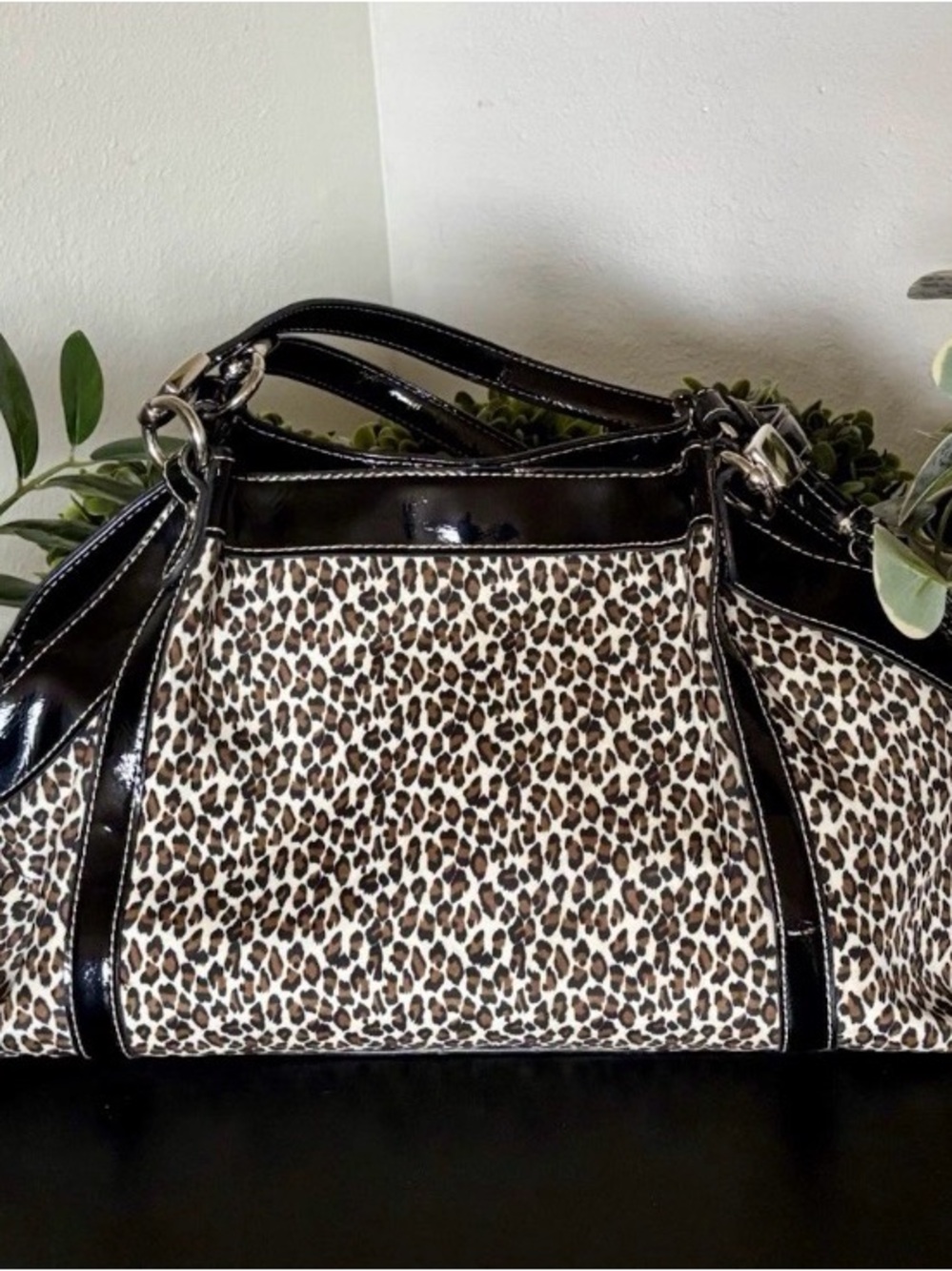 Leopard Print Patent Trim Satchel - Black & Brown